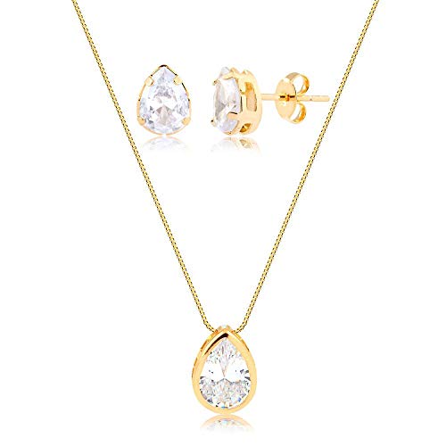 Conjunto de colar e brincos c/gota de zircônia folheado em ouro
