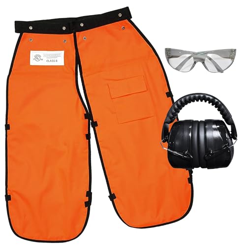 MGP SUPPLY Orange 35” Chainsaw Chaps for Men with Forester Ear Muffs, Apron-Style Men's Chain Saw Chaps with Pocket & Adjustable Waist, Includes Safety Glasses, Chainsaw Safety Equipment