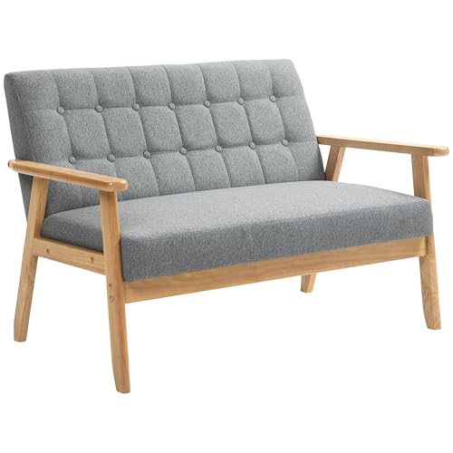 HOMCOM Sillón de 2 Plazas Sofá de 2 Plazas Tapizado en Lino con Reposabrazos de Madera Respaldo Acolchado Carga 250 kg Sillón para Salón Dormitorio Gris Claro