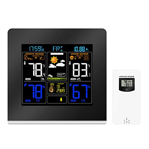 Wireless Weather Station, Digital Weather Thermometer Hygrometer with Outdoor Sensor Weather Forecast Alarm Clock and Moon Phase (Black)