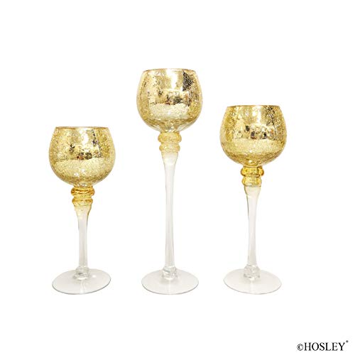 Hosley Set of 3 Crackle Gold Glass Tealight Holders 9 Inches 10 Inches