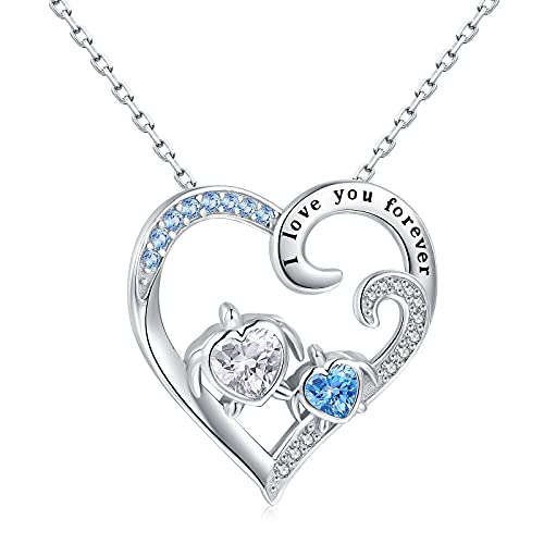 HUAIYU 925-Sterling-Silver Cute Sea Turtle Necklace - Silver White Gold Plated Blue Sea Turtle Jewelry Necklace for Women, Small Heart of the Ocean Mom Turtle Necklaces for Teen Girls (Blue CZ)