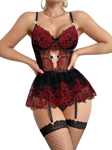 Image of Lilosy Sexy Lingerie Set 3 Piece Women Corset Bodysuit Skirt