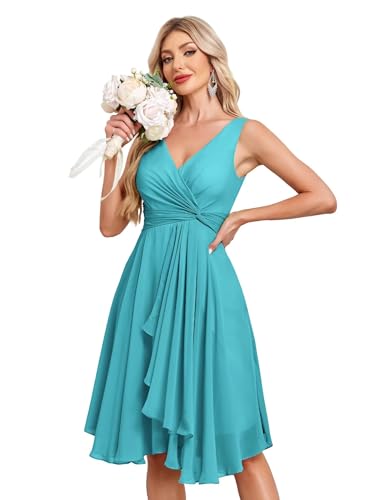 Image of Women's V Neck Short Bridesmaid Dresses 2025 Ruched Waist A Line Chiffon Formal Cocktail Party Dress