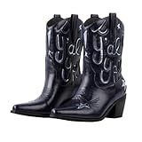 Shofrindy Blue Cowboy Boots for Women Metallic Mid Calf Booties with Stars Western Navy Cowgirl Fashion Embroidery Short Boots with Chunky Low Heel Party Shoes Cocert Outfits Size 6