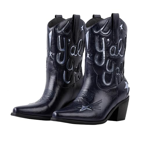 Shofrindy Blue Cowboy Boots for Women Metallic Mid Calf Booties with Stars Western Navy Cowgirl Fashion Embroidery Short Boots with Chunky Low Heel Party Shoes Cocert Outfits Size 6
