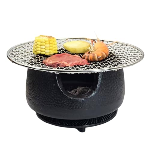 Japanese Compact Cast Iron Charcoal Oven for Heating Teapots, Tea Stove Set, Kettle Warmer with Coaster, Barbecue Grill, Hibachi with 18/8 Stainless Steel Mesh