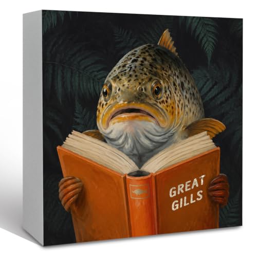 KFXHANGD Whimsical Trout Fish Reading Book Wooden Box Sign Desk Decor