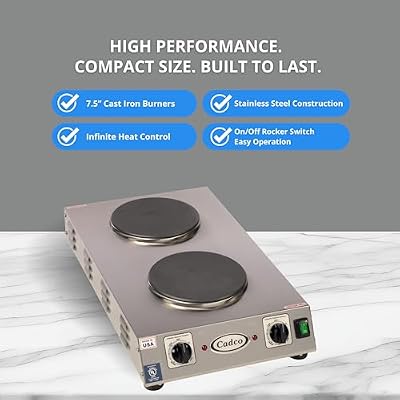 Cadco CDR-2CFB Portable Double Cast Iron Space Saver Hot Plate, Stainless Steel, 120v, For Commercial Use, 20 lbs, Heat Control, Electric Cooktop