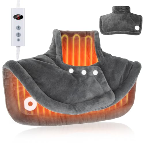 Qoosea Manta Electrica para Cuello y Hombros, 50 * 56cm Almohadilla Térmica Cervical con Calentamiento Rápido, 10 Niveles de Calor Ajustable Eléctrica Térmica Alivio del Dolor Cervical y Espalda