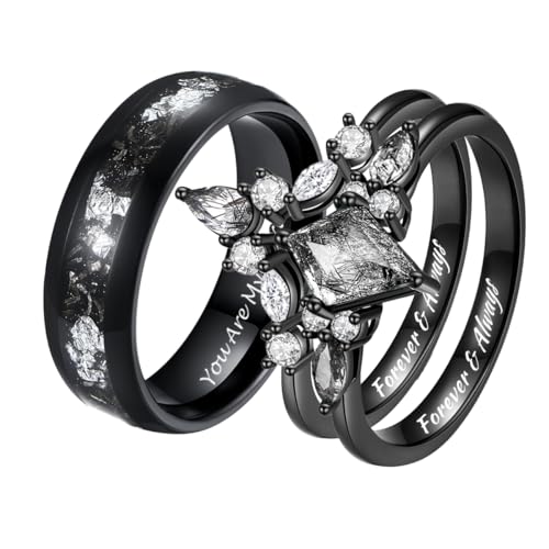 Black Rutilated Quartz Rings for Couples, Mens Meteorite Wedding Band, Personalized Promise Rings for Couples, Engraved Kite Cut Gothic Ring Set