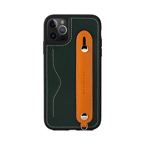 iPhone12/iPhone12 Pro ケース 本革 グリップケース レザー ストラップ付属 イタリア製牛革 ヌメ革 片手操作 カード収納 スタンド機能 メンズ レディース グリーン/オレンジ CGH-12Pro-Green-OG