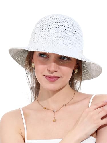 Womens Straw Sun Hat Wide Brim Hand Woven Foldable Beach Bucket Hat for Summer Travel UV Protection UPF 50+(One Size White)