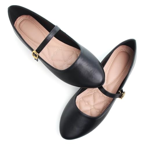 Image of TN TANGNEST Leather Flats for Women Retro Mary Jane Flats | Comfortable Square Toe Slip On Flats with Buckle Strap, Soft Work Flats Office Shoes