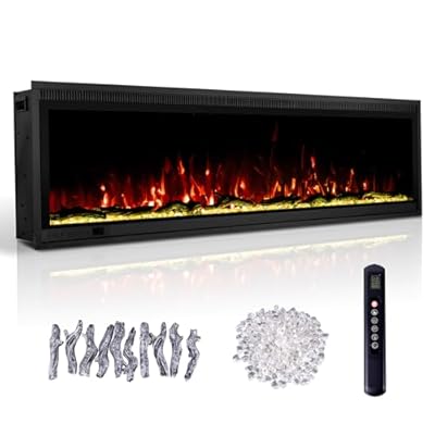 Kukoofyer 60" Electric Fireplace with Remote Control, Recessed and Wall Mounted Electric Fireplace, Touch Screen, Adjustable Flame Colors, Timer, 750/1500W, Log and Crystal