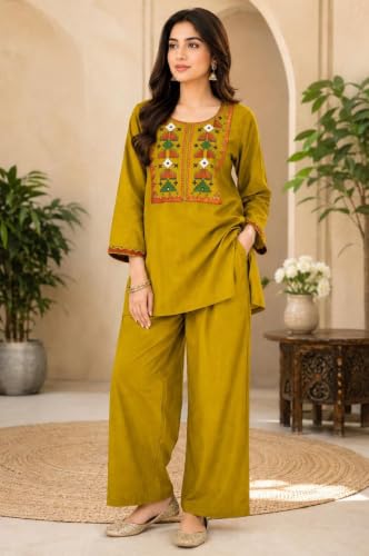 Image of Women's Embroidered Kurta Palazzo Set | Ethnic Co-Ord Set with Printed Design | Casual Traditional Outfit.
