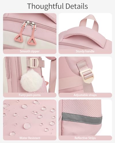 Image of School Backpack for Teen Girls, Large Capacity Laptop Bag for High School Middle School Elementary, Aesthetic Bookbag College Women, Beige Pink