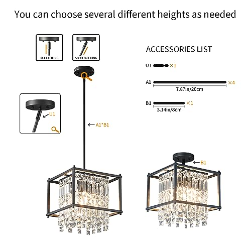 Image of LMQNINE Modern Foyer Chandelier, Black Crystal Chandelier Entryway Light Fixture, Square Adjustable Height Chandeliers for Kitchen Island, L11.81'' x H7.87''