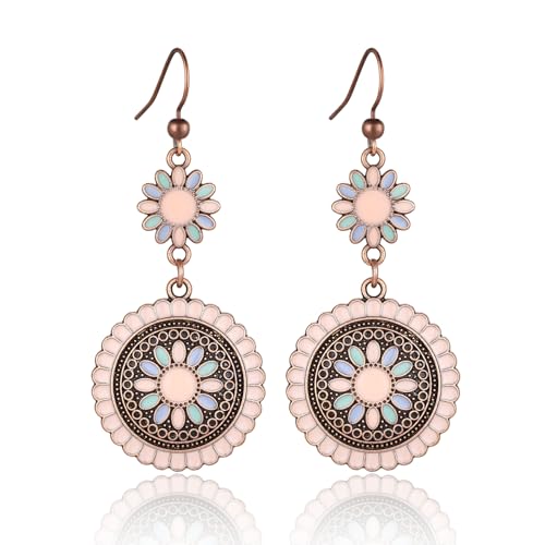 Vintage Boho Flower Dangle Earrings for Women Handmade Retro Enamel Daisy Bronze Summer Beach Vacation Pink Floral Drop Earrings Fashion Accessories Jewelry Gifts