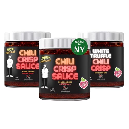 Image of SAUCE UP Chili Crisp Trio Bundle - Original, Extra Spicy & White Truffle | Super Crunchy, Savory & Garlicky Chili Oil & Sauce | Vegan, Keto, Gluten-Free, Non-GMO, No MSG | Artisan Chef-Crafted Hot Sauce, Handcrafted in NY