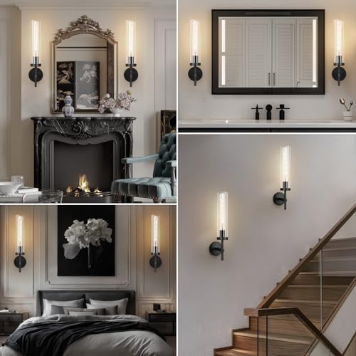 Image of Black Wall Sconce, 19.48'' Brushed Brass Knurled Bathroom Sconces Wall Lighting Vanity Light with Clear Glass, Indoor Wall Mount Light for Living Room Mirror Bedroom Stairs