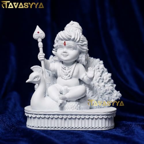 Image of Lord Murugan Idol | Bal Kartikeya /Skanda /Subrahmanya Swamy Statue with Peacock | for Mandir, Car Dashboard, Home Temple, Office Desk & Home Decor & Spiritual Gifting (Matte White)
