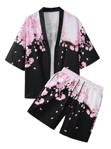 Men's 2 Piece Outfits Short Sleeve Sakura Japanese Kimono Cardigans and Drawstring Waist Shorts