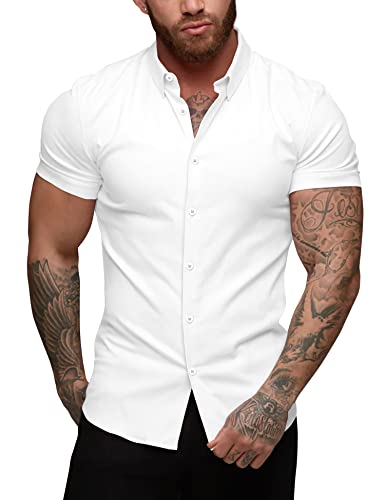 URRU Herren Hemd Kurzarm Muskel Fit Freizeithemden Bügelleichte Business Hemd Herrenhemden Sommerhemd, Weiß, XL
