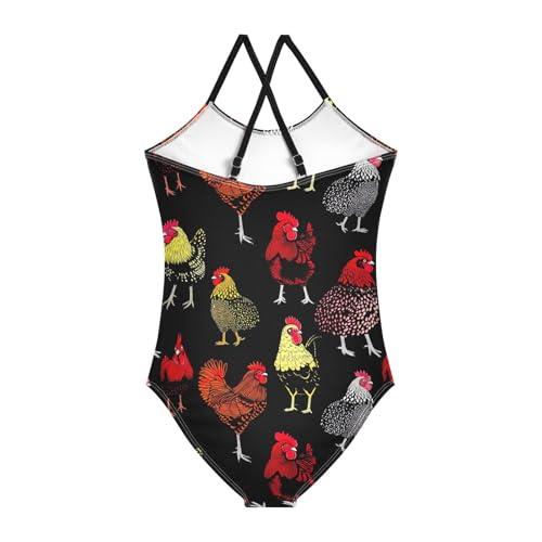CHIFIGNO Chickens Black Toddler Girl One Piece Swimsuit, Spaghetti Straps, Cross Back Design, Ages 3T2
