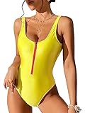 Dixperfect Women's Retro 80s/90s Inspired High Cut Low Back One Piece Swimwear Bathing Suits Yellow Zip with Padded Cups M