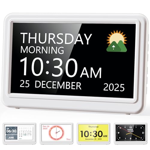 Roxicosly Dementia Clock with Date Day 20 Custom Alarms 20 Reminders 7 Digital Clock with Sun/Moon icons for Elderly 12 Themes 9 Colors 10 Levels Dimmer 18 Ringtones HD Picture Frame