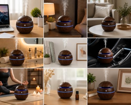 Image of Ultrasonic Aroma Humidifier 130ml USB Essential Oil Diffuser with 7 Color LED Light, Cool Mist Air Humidifier for Home, Office, Bedroom, Yoga, Spa & Car (Wood Grain)
