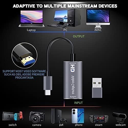 4K TypeC to HDMI Capture Card, Cam Link Video Capture Card HDMI to 1080P Type-C for Windows Mac OS System for Streaming Gaming Meeting with USB C Adapter to Adjust PS3 4, Switch, Xbox