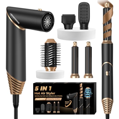 Airstyler Secador Pelo Ionico 5 en 1 Cepillo Secador de Pelo 5 Accesorios para el Peinado Cepillo Alisador Pelo Rizador Pelo Ondas Secador Pelo Moldeador Pelo Caja Regalo Mujer, Negro