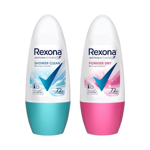 Image of Rexona Roll-On Deodorant | Shower Clean + Powder Dry Motion Activated Deo for Women | up to 72Hr odour protection | 45 ML each