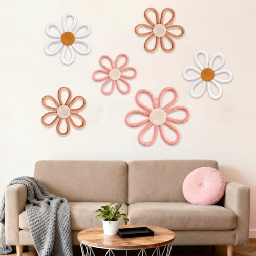 Vidroxin 6Pcs Boho Nursery Decor,Daisy Flower Woven Macrame Wall Hanging