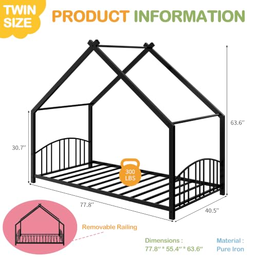 Image of Garvee Twin Size House Shape Bed Frame with Rail, Black