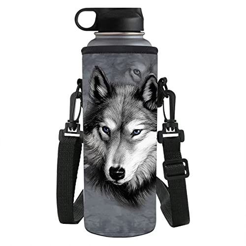 Image of chaqlin Grey Wolf Water Bottle Carrier Holder Sleeve w/Adjustable Shoulder Strap,Sling Insulated Bottle Bag Case Pouch Cover,Fits Bottle 1000-1200ML