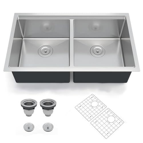 36 Inch Undermount Kitchen Sink Stainless Steel Double Bowl with Reveal Rim 2.0cm Edge & 1.0mm Wall Brushed Finish with Bottom Grids and Dual Drain Assembly