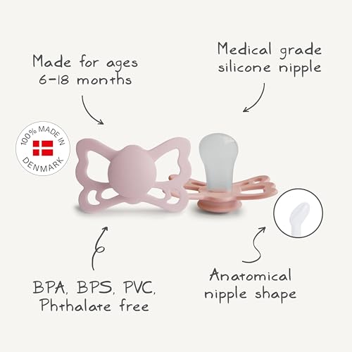 Image of FRIGG Butterfly Anatomical SilkySoft Silicone Baby Pacifier | Made in Denmark | BPA-Free (Blush /Cedar, 6-18 Months)