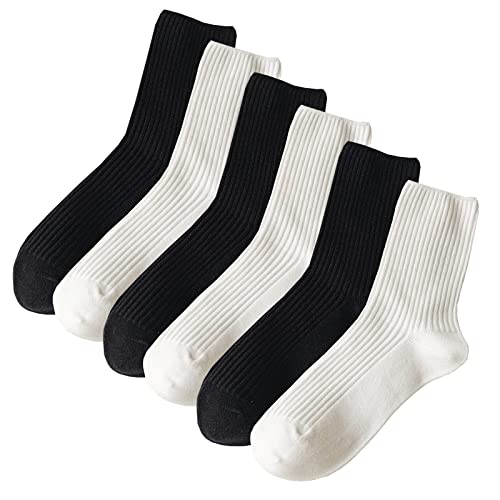 Digoon Lot de 6 paires de chaussettes confortables en coton pour femmes, chaussettes souples de couleur unie pour filles et étudiantes, noir et blanc