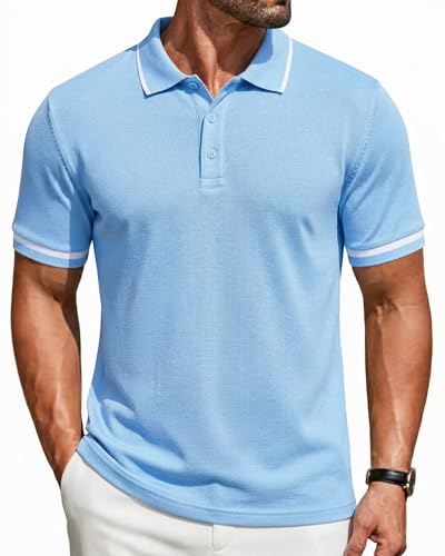 Image of Elainone Men's Polo Shirts Short Sleeve Breath Cotton Classic Light Blue