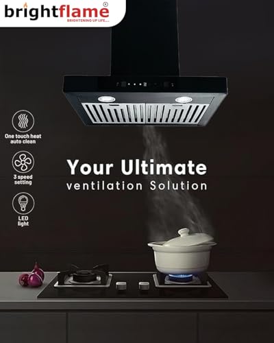 Image of Brightflame Auto Clean Kitchen Chimney with Motion Sensor | 60cm /90cm Wall Mount | Filterless | Powerful Suction 1200 m /hr | Touch + Wave Control | LED Light | for 2-4 Burner Stoves