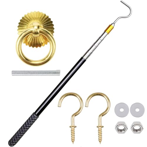 Ladder Pull Down System Kit - Attic Ladder Door Pull Down Hook Cord Stair System Parts, Copper Storage Hook Handle Parts Tool, Attic Pull System Hook Set For Cord Ropes