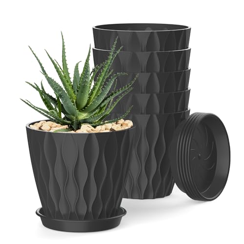 SQOKHT 12.7cm Plant Pots 6 Pack, Indoor Flower Pots with Drainage Holes and Saucers, Plastic Planters for Orchids, Violets, Succulents, Herbs & Small Plants (Black)