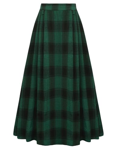 Vintage Rock Damen Elastische Taille A-Linie Langer Halloween Plaid Rock Schwarz Grün S