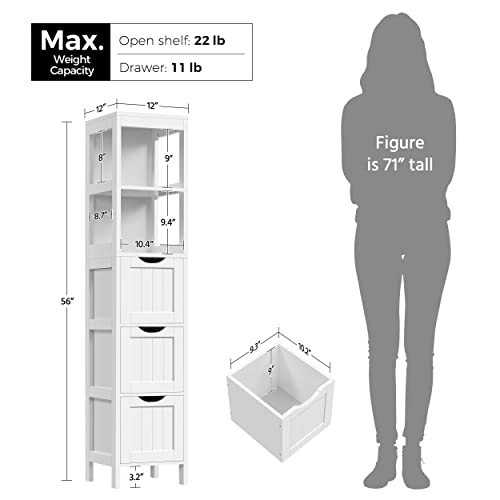 Yaheetech Bathroom Tall Cabinet, Slim Storage Cabinet, Narrow Freestanding Floor Cabinet With 3 Drawers & 2 Shelves, Linen Tower For Small Space, 12" D X 12" W X 56" H, White #TOP2