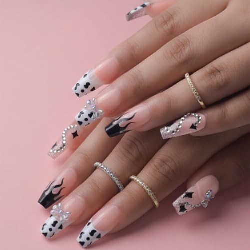 Image of Secret Lives Glossy 3D Artificial Nails with Bow - Black & White French Tip Flame Design Press-On Nails 24 Piece Set with Kit