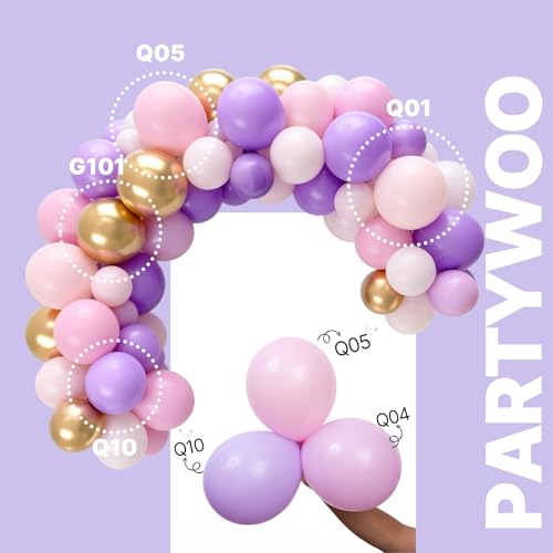 Image of PartyWoo Pink Purple and Gold Balloons 66pcs 12 Inch Baby Pastel Light Pale Pink Purple Metallic Gold Balloons for Graduation Baby Shower Birthday Butterfly Anniversary Princess Party Decorations