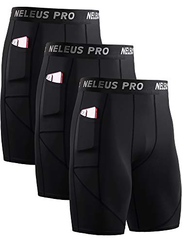 NELEUS Men's Compression Shorts with Pockets Workout Running Tights,3 Pack,6082,Black/Black/Black,L